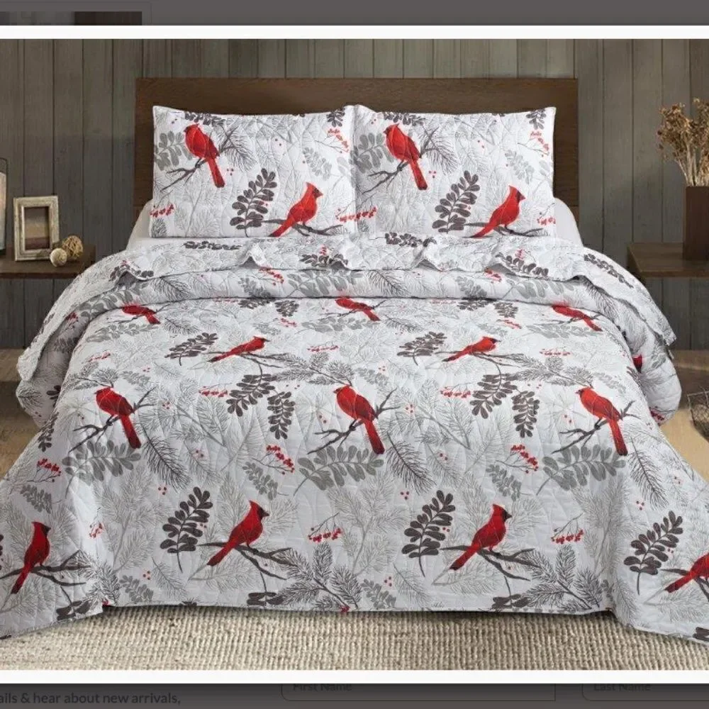 NEW! Red Cardinals Farmhouse Printed QUEEN Quilt Set with matching Tote Boho